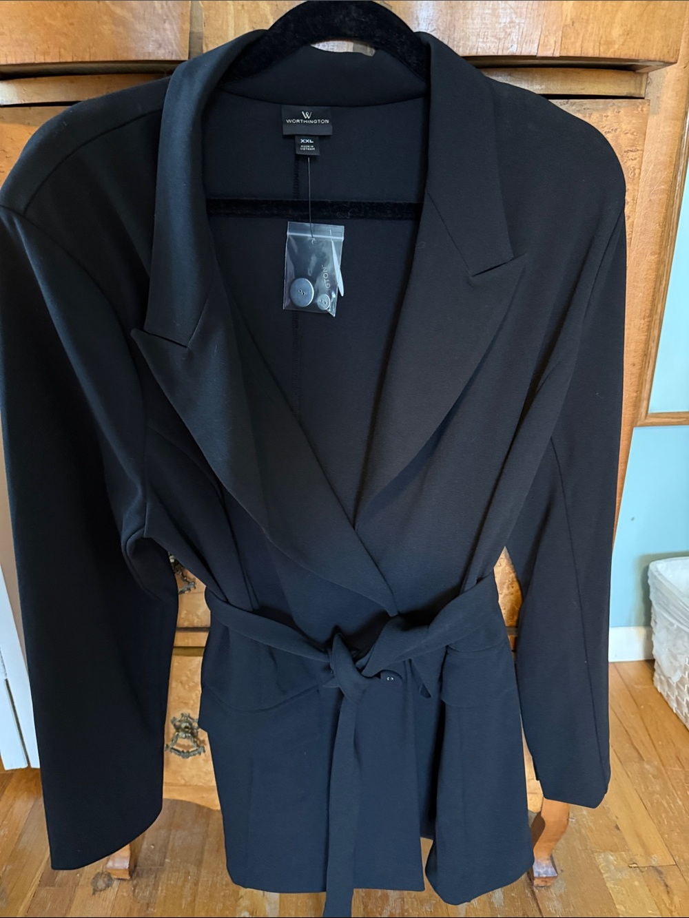 Worthington Black Belted Professional Long Blazer,waist tie, button detail NWT